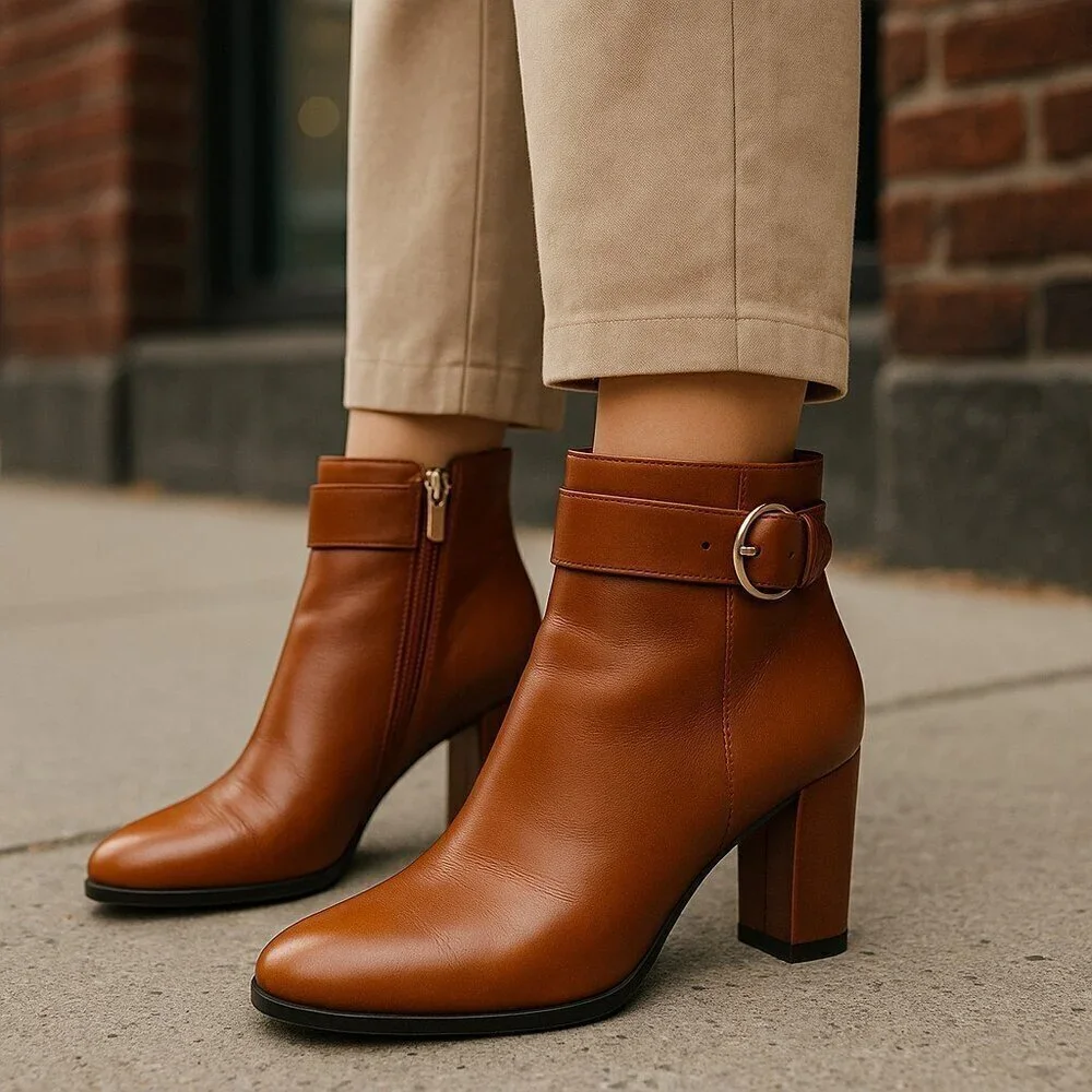 Tory Burch Sophia Ankle Booties Boots British Tan Women's 5 M Leather Gold Logo